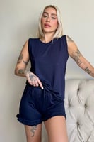 Lacivert Basic Kolsuz Askılı Şortlu Kadın Pijama Takımı - Thumbnail