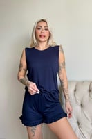 Lacivert Basic Kolsuz Askılı Şortlu Kadın Pijama Takımı - Thumbnail