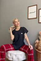 Lacivert Bear Kısa Kol Sevgili Aile Pijaması - Kadın Takımı - Thumbnail