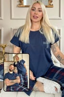 Lacivert Cep Detay Kısa Kol Sevgili Aile Pijaması - Kadın Takımı - Thumbnail