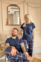 Lacivert Cep Detay Kısa Kol Sevgili Aile Pijaması - Kadın Takımı - Thumbnail