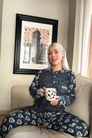 Lacivert Cute Desenli Yumoş Örme Pijama Takımı - Thumbnail