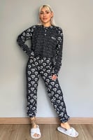 Lacivert Cute Desenli Yumoş Örme Pijama Takımı - Thumbnail