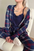 Lacivert Ekose Desenli Bambu Sabahlıklı Kadın Pijama Takımı - Thumbnail
