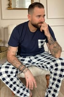 Lacivert Ekru Ekose Cep Detay Ekose Kısa Kollu Erkek Pijama Takımı - Thumbnail
