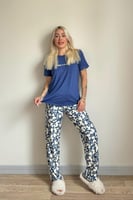 Lacivert Enjoy Desenli Kısa Kollu Örme Kadın Pijama Takımı - Thumbnail