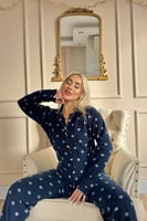 Lacivert Flocon Desenli Önden Düğmeli Peluş Polar Pijama Takımı - Thumbnail
