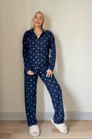 Lacivert Flocon Desenli Önden Düğmeli Peluş Polar Pijama Takımı - Thumbnail