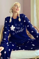 Lacivert Hello Winter Desenli Kadın Peluş Pijama Takımı - Thumbnail