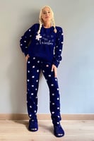 Lacivert Hello Winter Desenli Kadın Peluş Pijama Takımı - Thumbnail