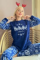 Lacivert Hoho Desenli Kadın Peluş Pijama Takımı - Thumbnail