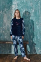Lacivert Home Desenli Kız Çocuk Peluş Pijama Takım - Thumbnail