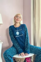 Lacivert Hope Desenli Kadın Peluş Pijama Takımı - Thumbnail
