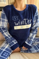 Lacivert It's Winter Desenli Kadın Peluş Pijama Takımı - Thumbnail
