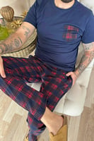 Lacivert Kırmızı Ekose Cep Detay Ekose Kısa Kollu Erkek Pijama Takımı - Thumbnail