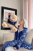 Lacivert Laugh Desenli Kadın Polar Peluş Tulum Pijama Takımı - Thumbnail