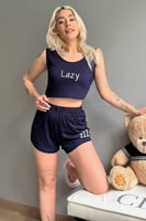Lacivert Lazy Baskılı Crop Örme İp Askı Şortlu Pijama Takımı - Thumbnail