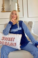 Lacivert Live Desenli Kadın Peluş Pijama Takımı - Thumbnail
