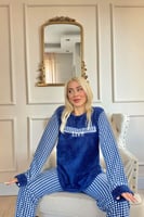 Lacivert Live Desenli Kadın Peluş Pijama Takımı - Thumbnail
