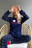 Lacivert Love Winter Desenli Kadın Peluş Pijama Takımı - Thumbnail