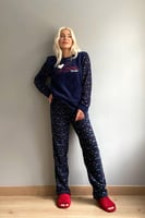 Lacivert Love Winter Desenli Kadın Peluş Pijama Takımı - Thumbnail