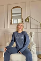 Lacivert Minimalist Baskılı Bambu Uzun Kol Kadın Pijama Takımı - Thumbnail