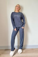 Lacivert Minimalist Baskılı Bambu Uzun Kol Kadın Pijama Takımı - Thumbnail