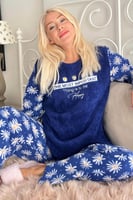 Lacivert Most Thing Desenli Kadın Peluş Pijama Takımı - Thumbnail