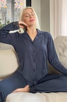 Lacivert Önden Düğmeli Bambu Uzun Kol Pijama Takımı - Thumbnail