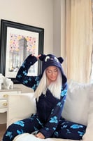 Lacivert Palmate Desenli Kadın Polar Peluş Tulum Pijama - Thumbnail