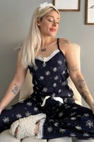 Lacivert Papatya Dantelli İp Askılı Örme Kadın Pijama Takımı - Thumbnail