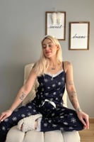 Lacivert Papatya Dantelli İp Askılı Örme Kadın Pijama Takımı - Thumbnail