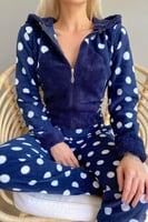 Lacivert Puan Desenli Kadın Polar Peluş Tulum Pijama - Thumbnail