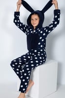 Lacivert Puan Desenli Kız Çocuk Polar Peluş Tulum Pijama - Thumbnail