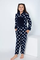 Lacivert Puan Desenli Kız Çocuk Polar Peluş Tulum Pijama - Thumbnail