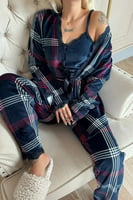 Lacivert Scotch Exclusive Kadife Sabahlıklı Kadın Pijama Takımı  - Thumbnail