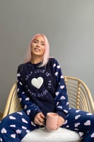 Lacivert Self Love Desenli Kadın Peluş Pijama Takımı - Thumbnail