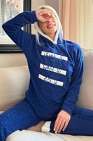 Lacivert Three Line Desenli Kapşonlu Peluş Polar Pijama Takımı - Thumbnail