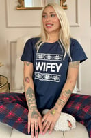 Lacivert Wifey Kısa Kol Sevgili Aile Pijaması - Kadın Takımı - Thumbnail