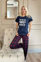 Lacivert Wifey Kısa Kol Sevgili Aile Pijaması - Kadın Takımı - Thumbnail