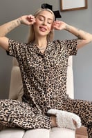 Leopar Desenli Örme Önden Düğmeli Kısa Kol Kadın Pijama - Thumbnail