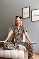 Leopar Desenli Örme Önden Düğmeli Kısa Kol Kadın Pijama - Thumbnail