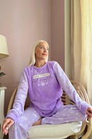 Lila Dont Panic Desenli Kadın Peluş Pijama Takımı - Thumbnail