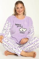 Lila Good Day Desenli Büyük Beden Battal Peluş Pijama Takımı - Thumbnail