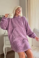 Lila Kapşonlu Tam Peluş Oversize Sweat Panço Pijama - Thumbnail