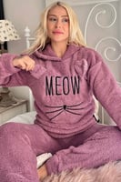 Lila Meow Desenli Tam Peluş Pijama Takımı - Thumbnail