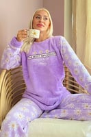 Lila Most Thing Desenli Kadın Peluş Pijama Takımı - Thumbnail