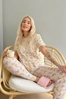 Lokale Banane Baskılı Kısa Kollu Kadın Pijama Takımı - Thumbnail
