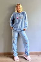 Mavi Baking Desenli Kadın Peluş Pijama Takımı - Thumbnail