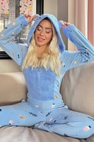 Mavi Cookies Desenli Kadın Polar Peluş Tulum Pijama Takımı - Thumbnail